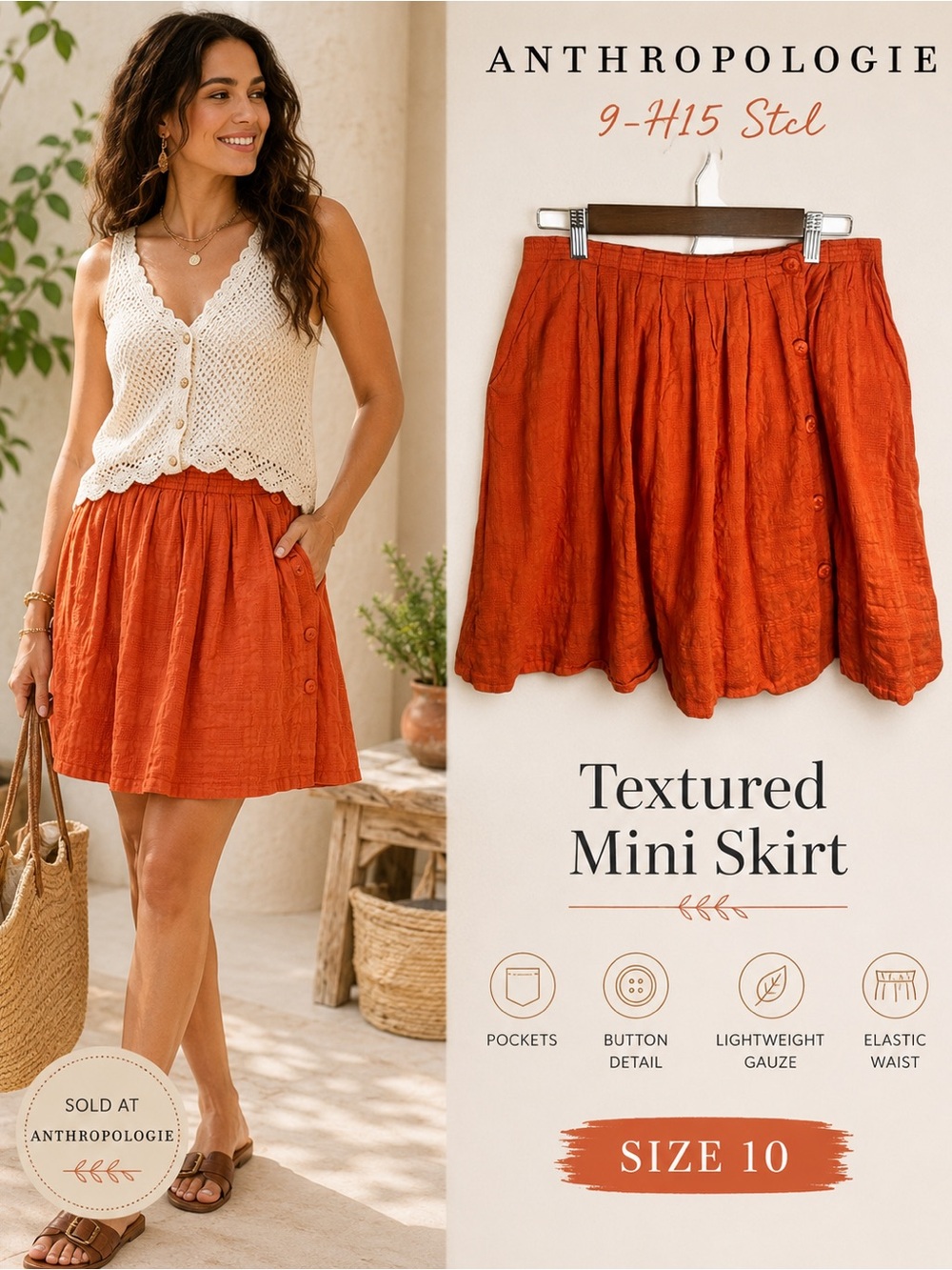 Anthropologie Postmark Orange Textured Button Front Mini Skirt w/ Pocket Size 10